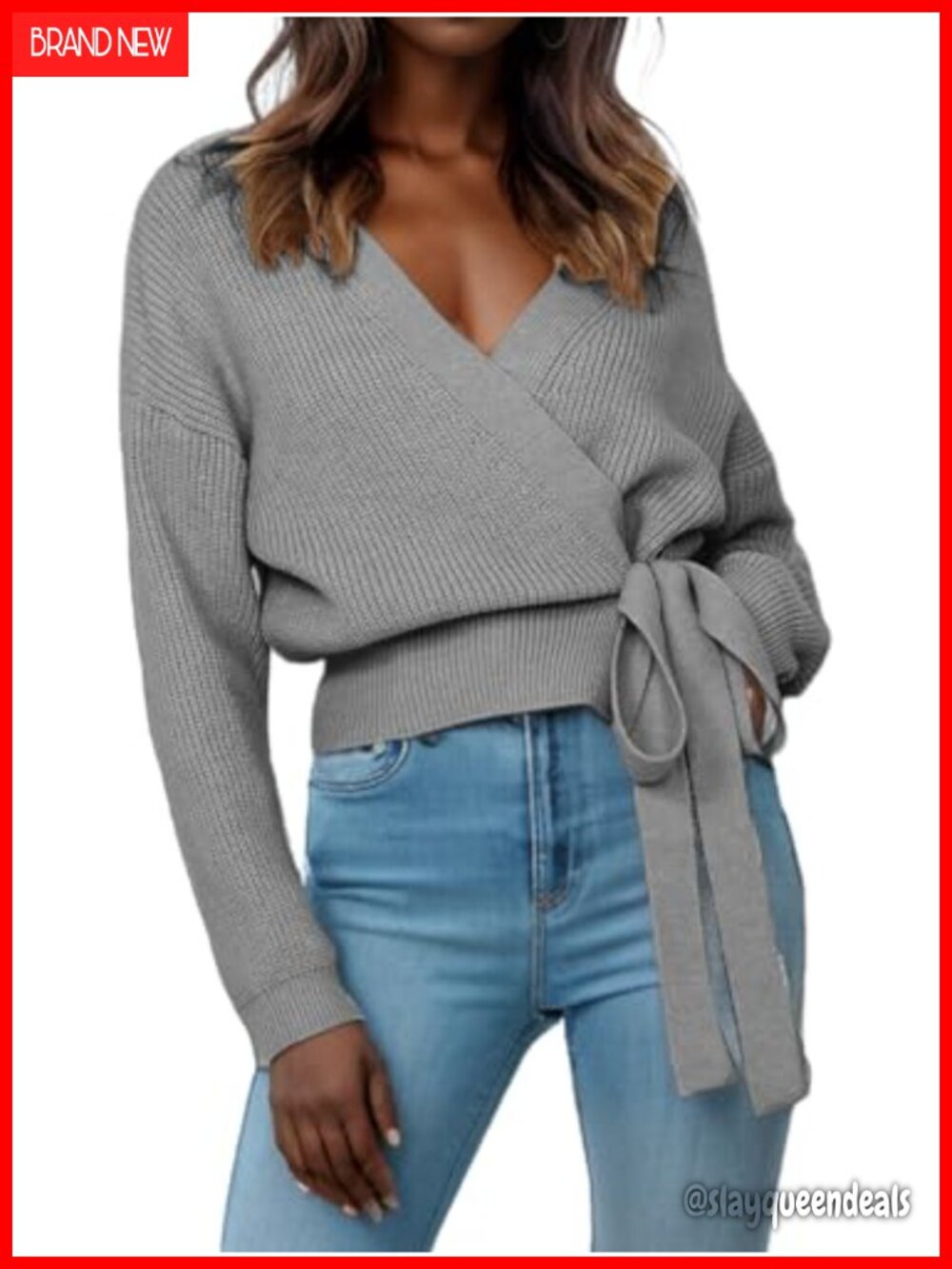 Womens V Neck Wrap Sweater Ribbed Drop Shoulder Knit Pullover